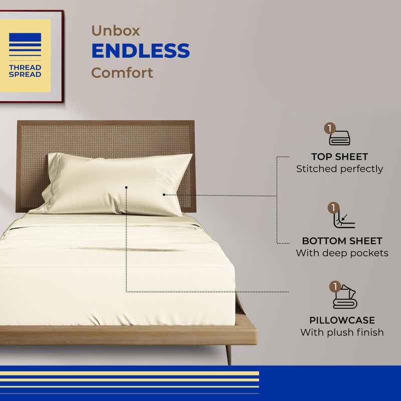 THREAD SPREAD 100% Egyptian Cotton Sheets Twin XL Size - 800 Thread Count 3 PC Twin XL Sheet Sets Cotton, Silky Soft College Dorm Sheets Twin XL Set, 16" Deep Pocket Luxury Cooling Bed Sheets - Ivory - Image 3